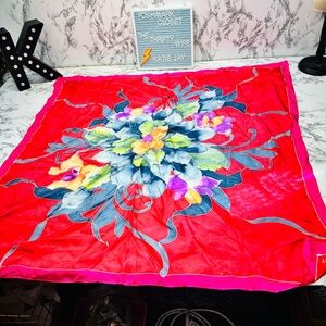 Vibrant Floral Red Scarf Vintage 1970s